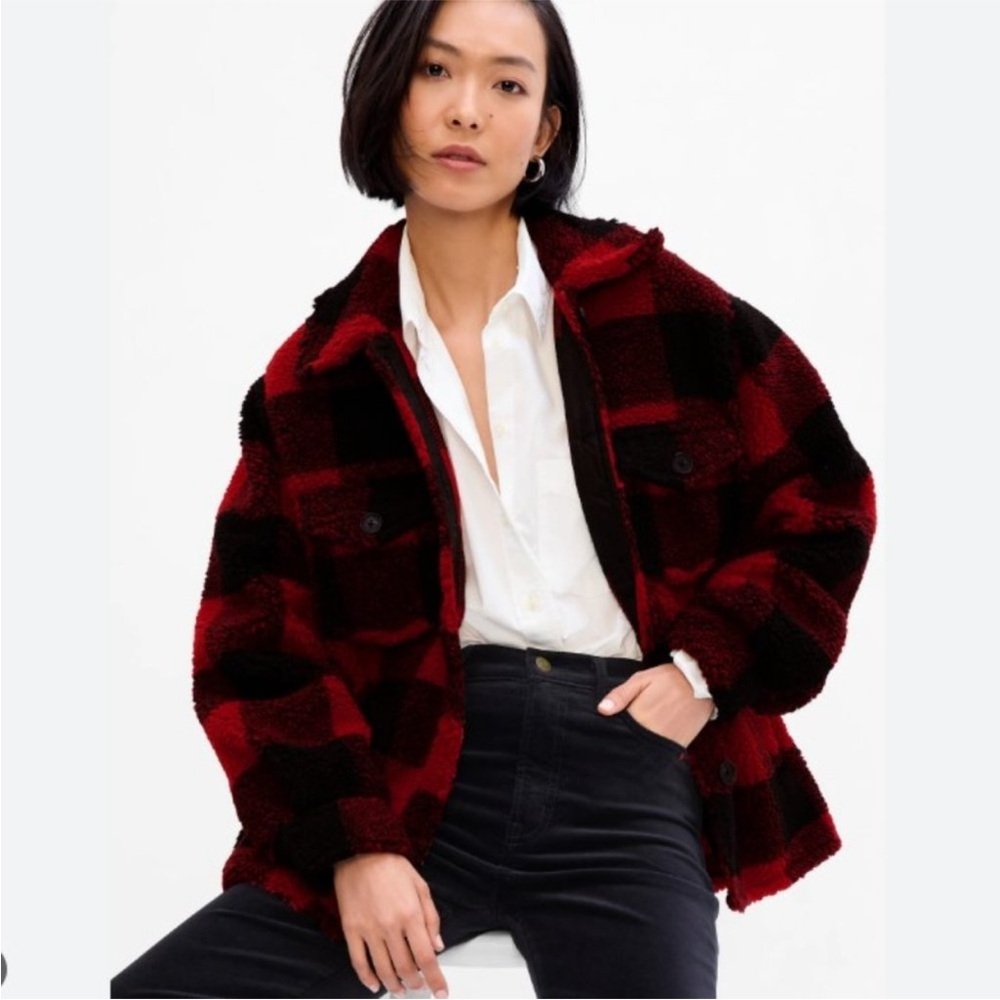 GAP Red & Black Buffalo Check Plaid Sherpa Shirt Jacket Size Medium